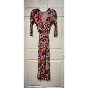 Janette Fashion Floral Faux Wrap Front Tie 3/4 Sleeve Maxi Dress Medium Modest